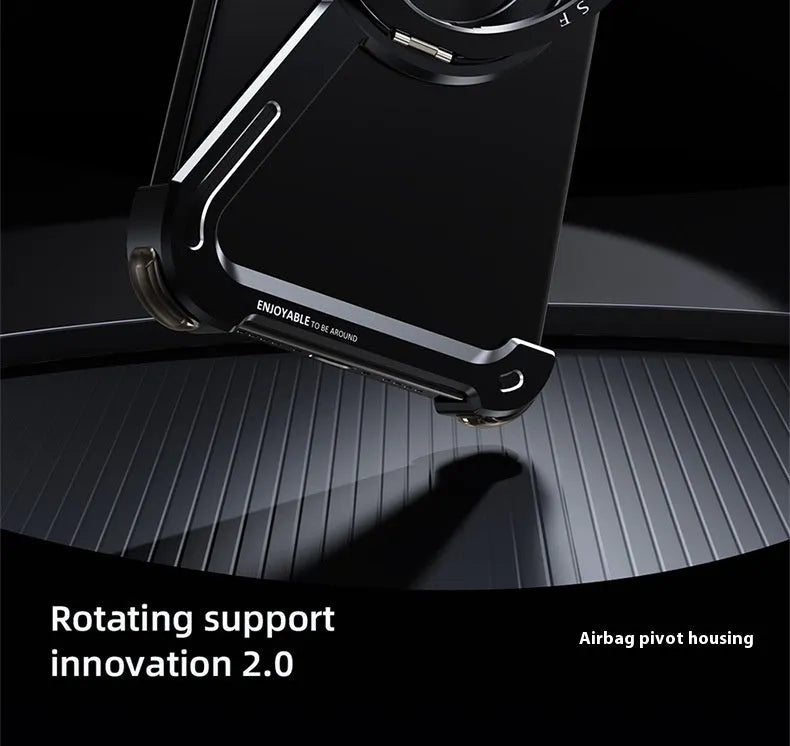 Black metal iPhone 17 Pro Max case with a magnetic kickstand bracket deployed.