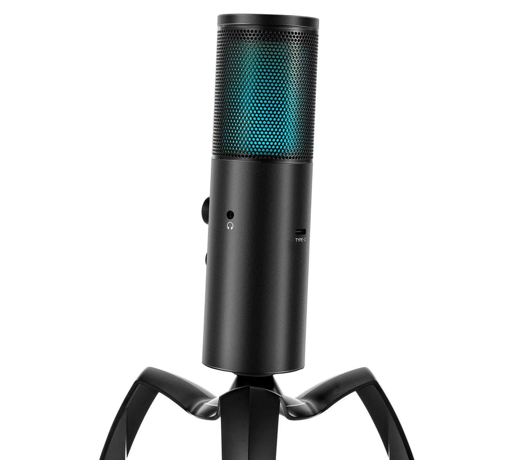 Black Q18 condenser microphone with RGB lighting on an adjustable metal tripod
