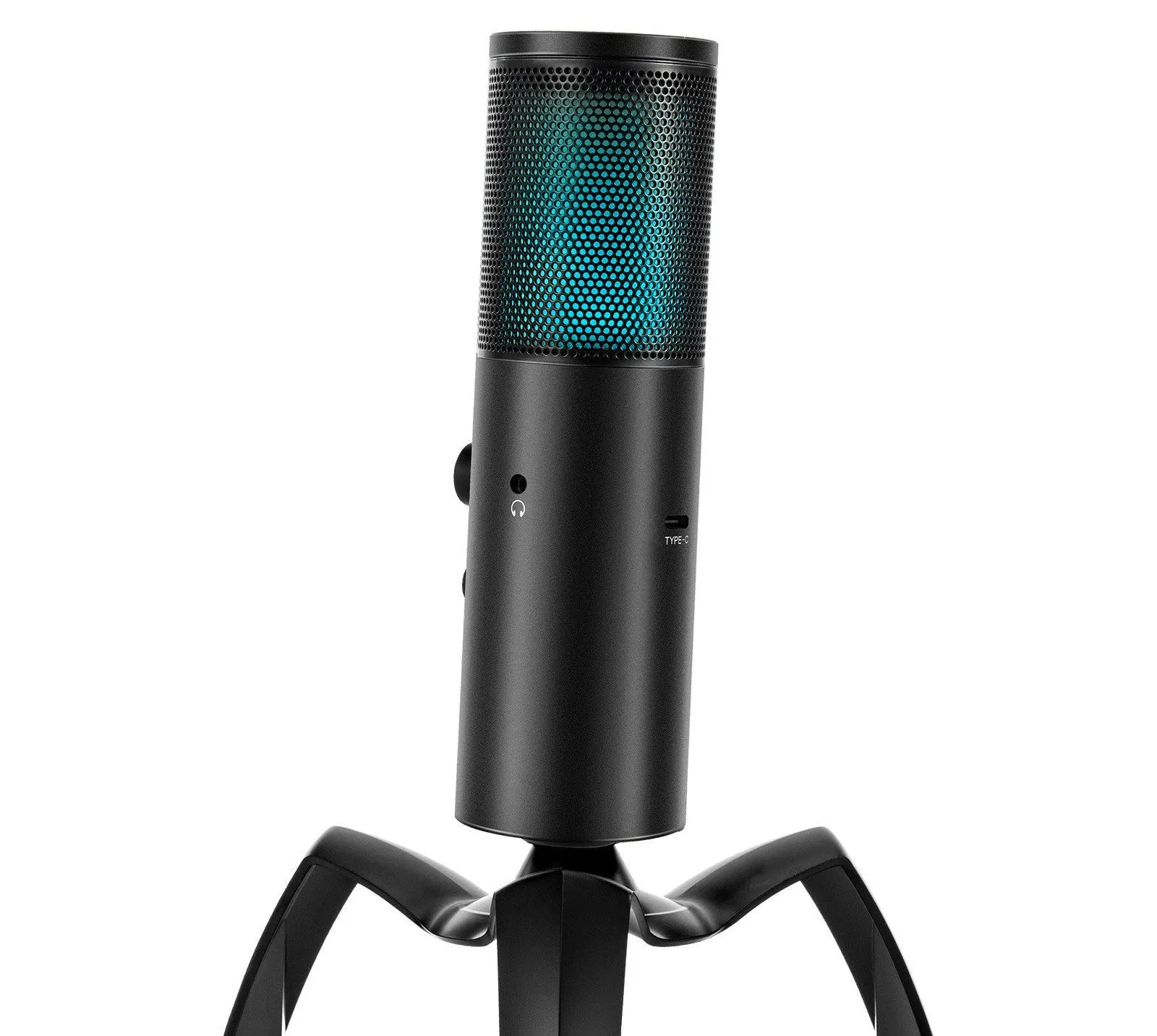 Black Q18 condenser microphone with RGB lighting on an adjustable metal tripod