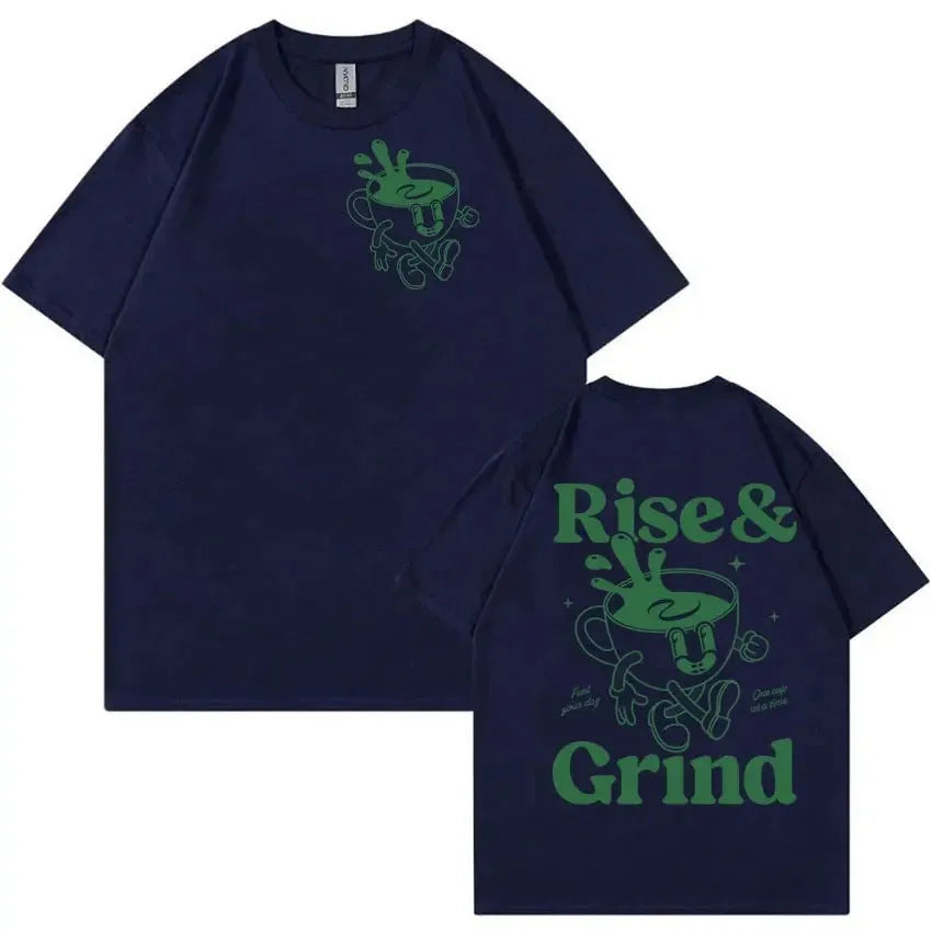Cartoon Rise and Grind Green Coffee print on a loose-fit linen blend T-shirt.