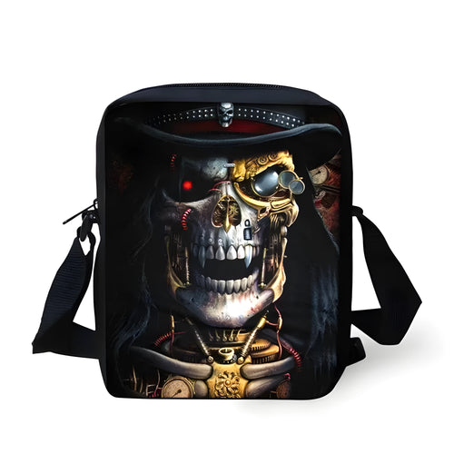 Children's medium messenger bag with skull patterns showing double straps and soft handle