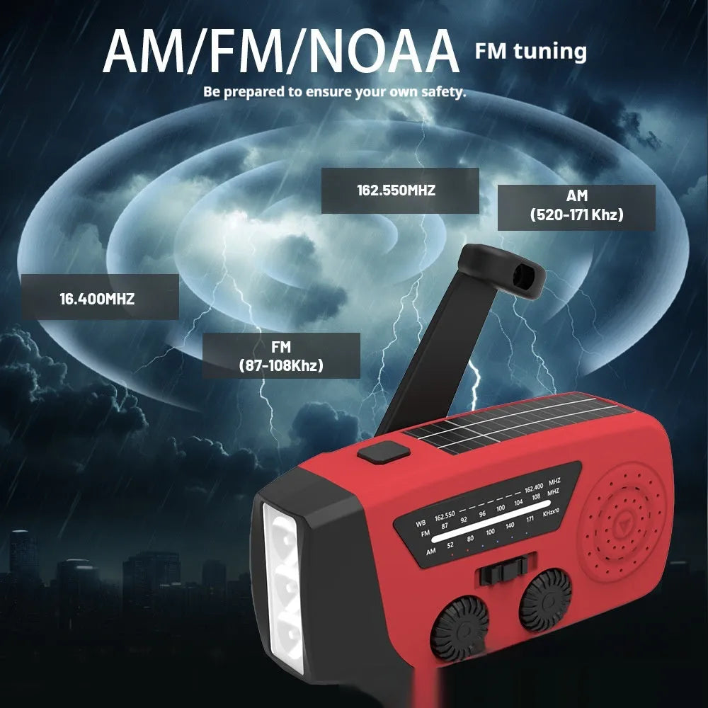 Red rechargeable hand radio torch with USB port and wrist strap on a white background.