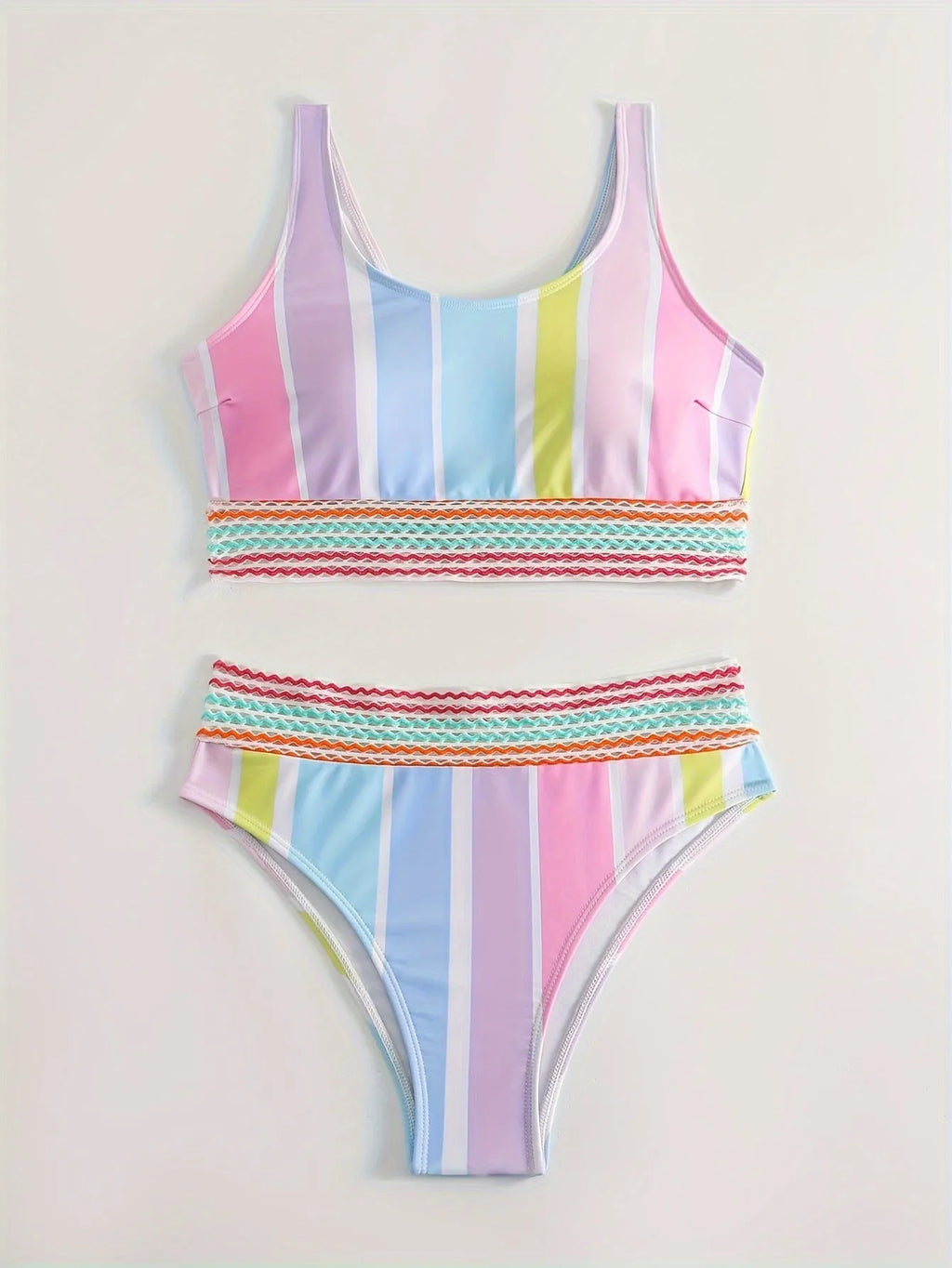 Women's striped two-piece sports bikini swimwear set on a mannequin.