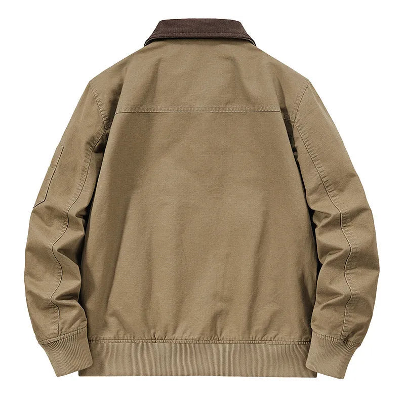 Men's plus-size washed cotton baseball flight jacket in army green, shown on a hanger.