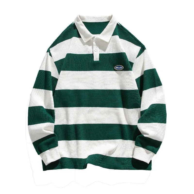 Hong Kong style striped polo shirt sweater with sweater lapel in pearl cotton fabric