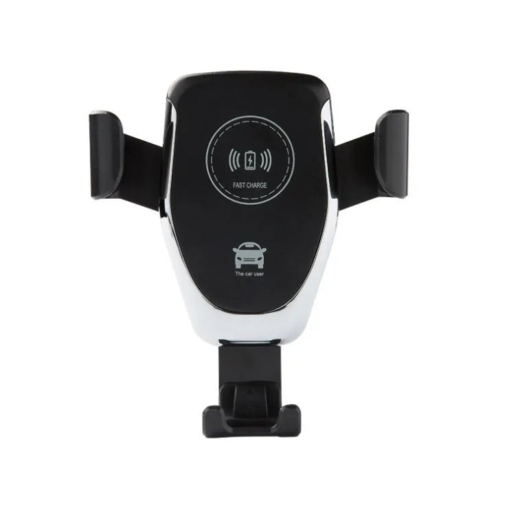 Black Qi wireless car phone mount holding an iPhone, showing automatic clamping arms and a vent clip installation.
