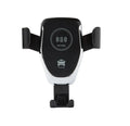Black Qi wireless car phone mount holding an iPhone, showing automatic clamping arms and a vent clip installation.