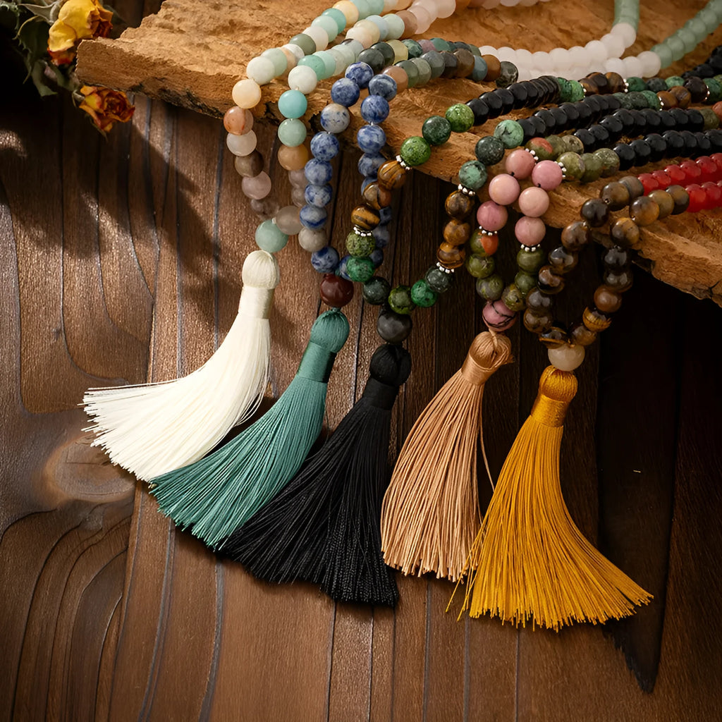Vintage tassel bohemian style natural stone beaded long sweater chain necklace with geometric beads