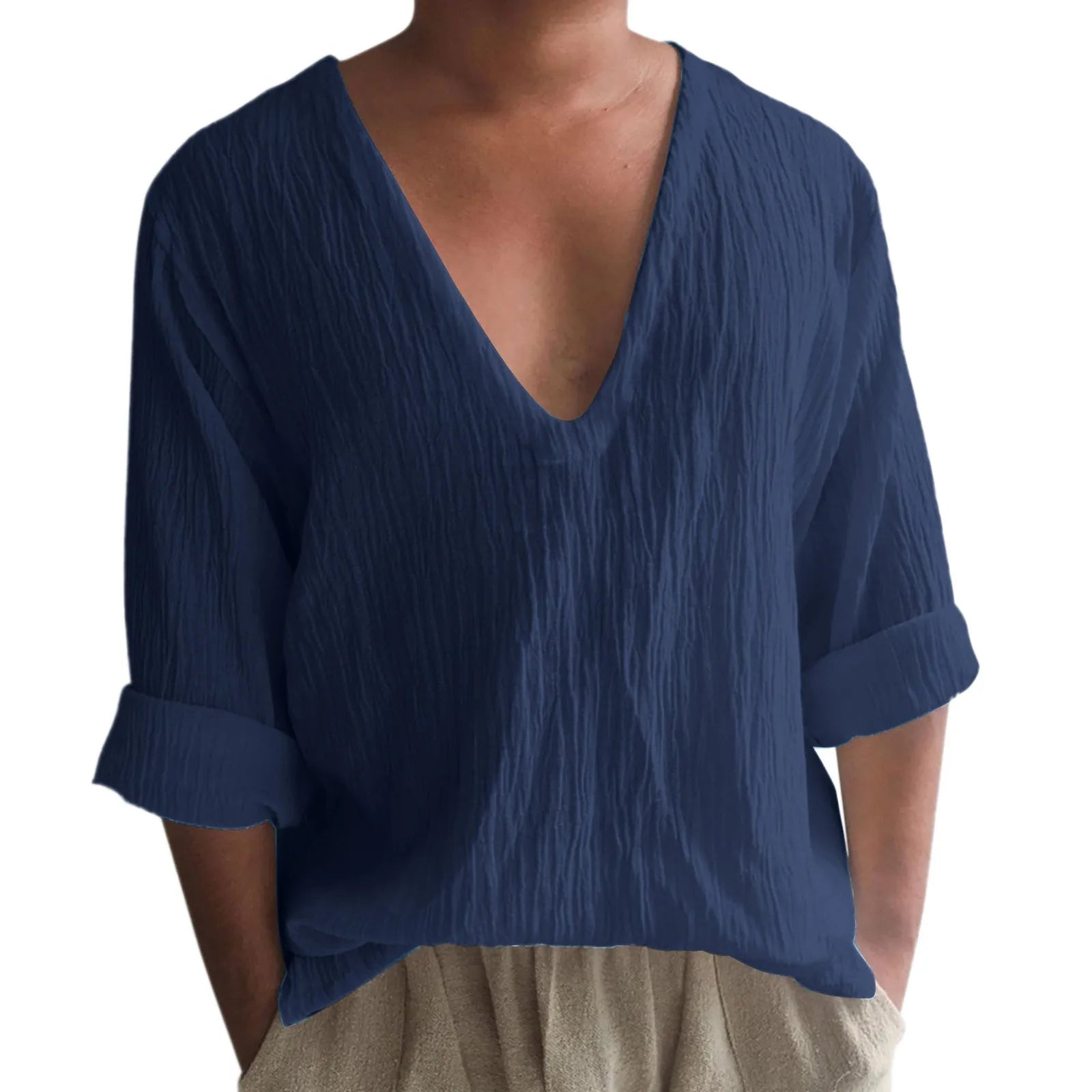 Men's long sleeve V-neck t-shirt in washed cotton fabric, solid colour options on hanger