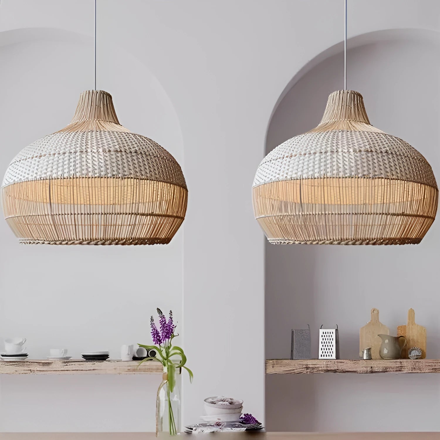60cm diameter woven rattan chandelier in Silent Wind style for living room or lounge.