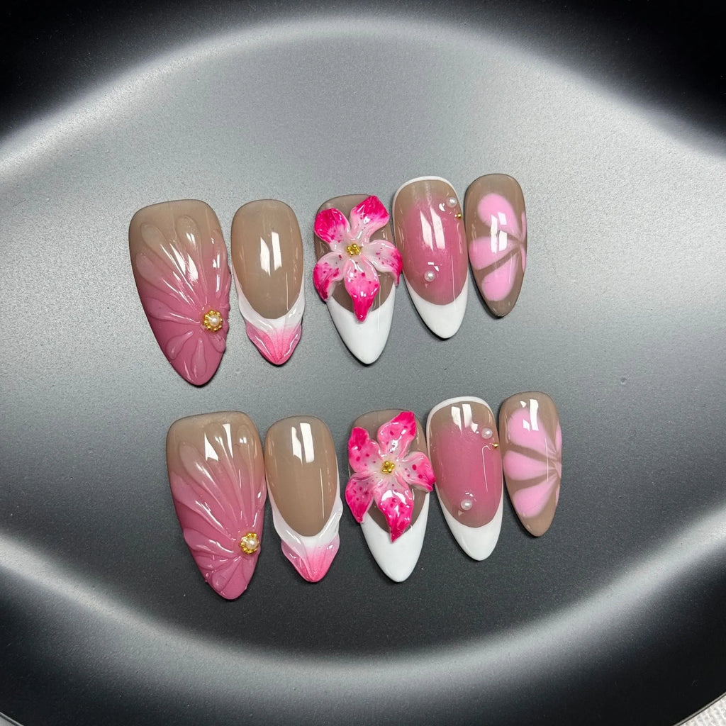 French style three-dimensional lily fluid ice flower artificial nails in almond shape with plastic construction