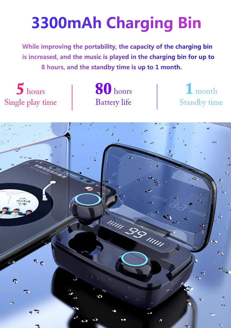 Black M11 style Bluetooth wireless headset with charging case featuring an integrated mobile phone holder.