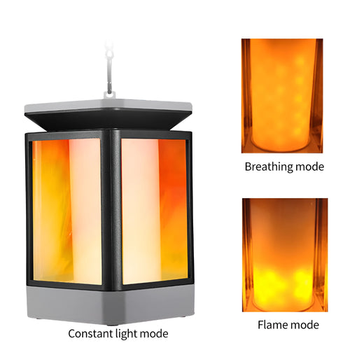 Antique flame style solar garden lamp with LED lights in outdoor setting