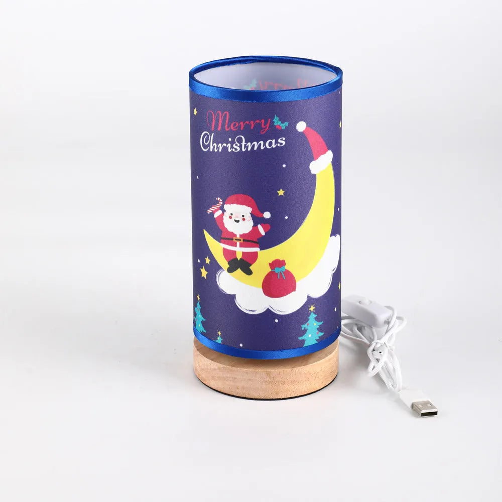 Moon Santa Claus themed LED night light with USB plug and bamboo lamp holder.
