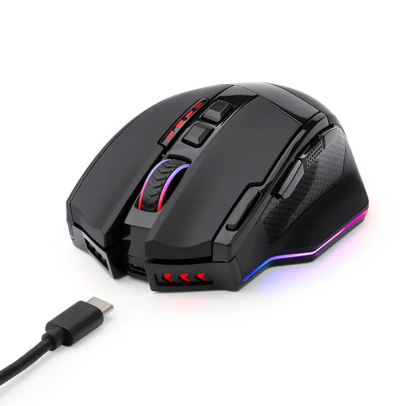 Redragon M801P black dual-mode wireless and wired gaming mouse with nine buttons on an ergonomic design.