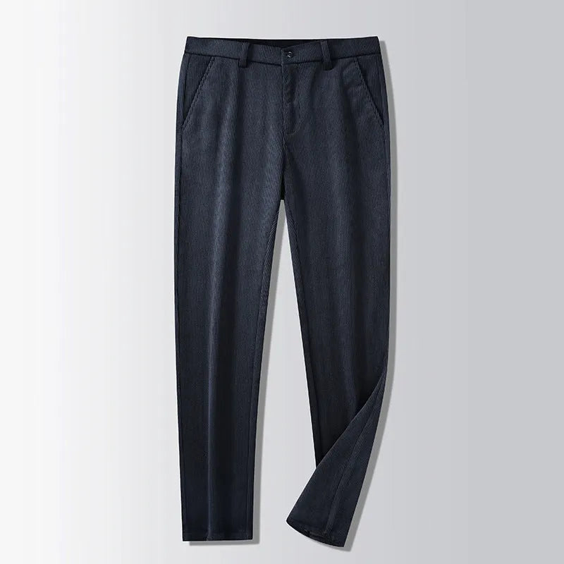 Retro striped straight-leg trousers in khaki colour with zip-fly closure