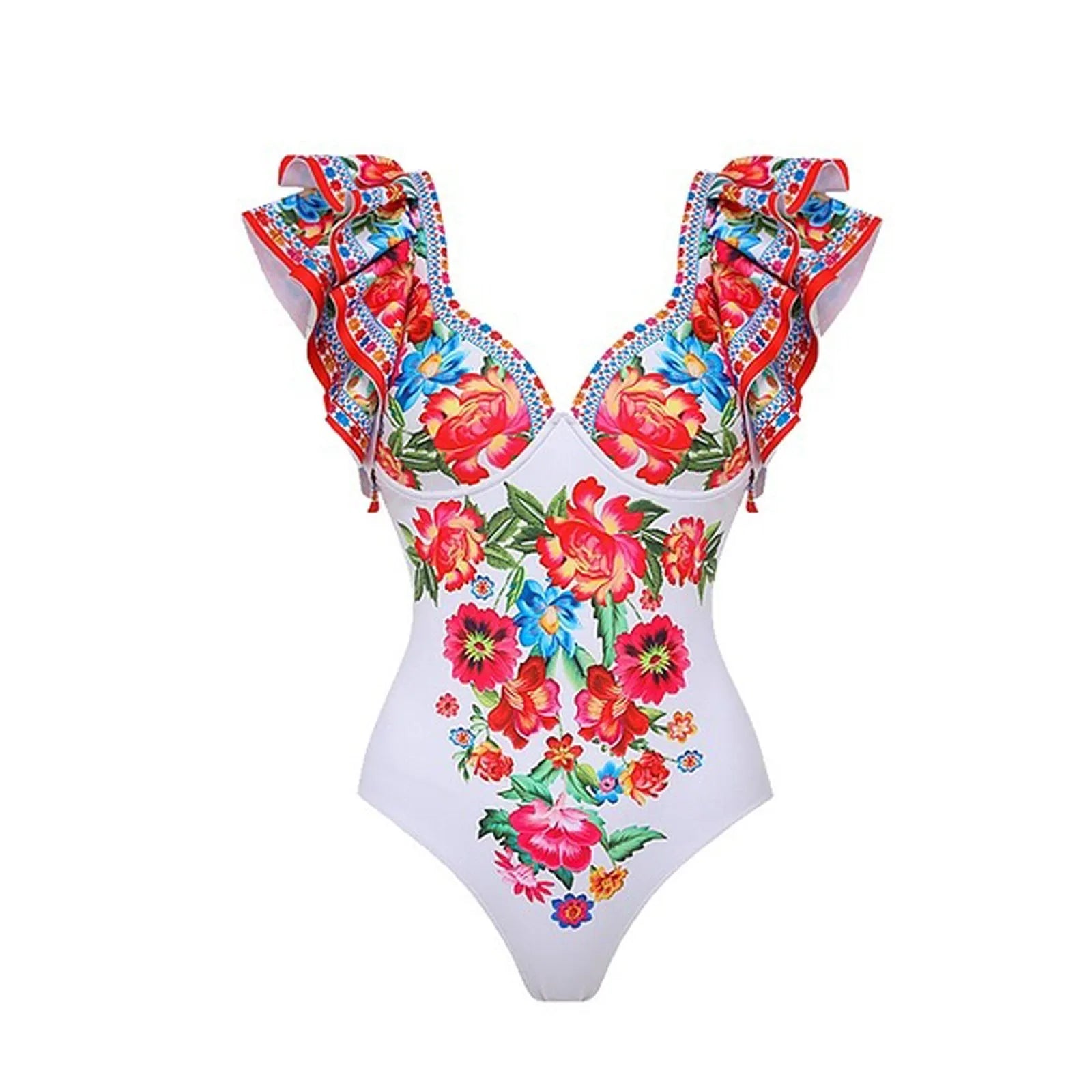 Women's printed one-piece swimsuit with matching cover-up skirt in rose pink.