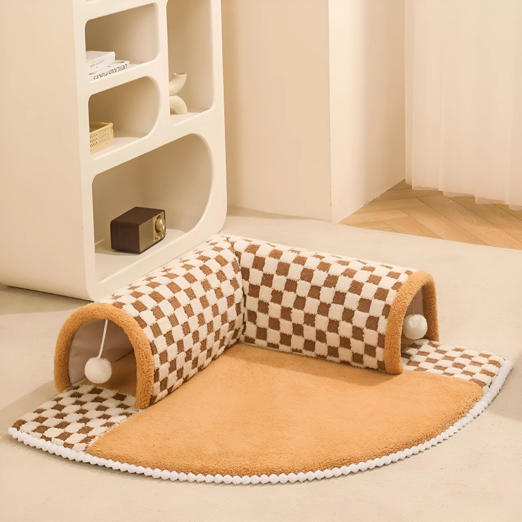 XL fan-shaped plush pet bed for dogs and cats with integrated tunnel in a plaid pattern.
