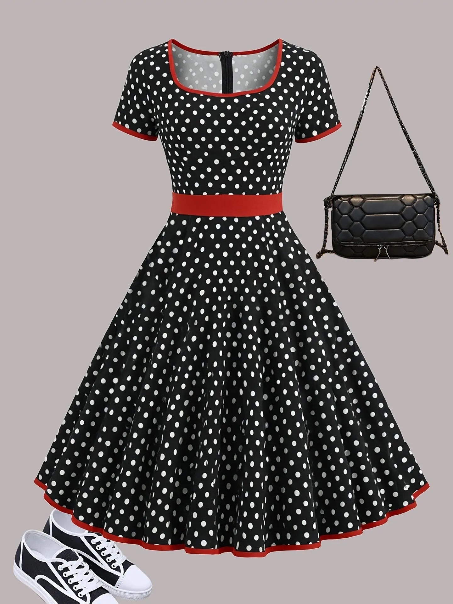 Women's polka dot pleated dress with square collar and front zipper closure in multicolour pattern