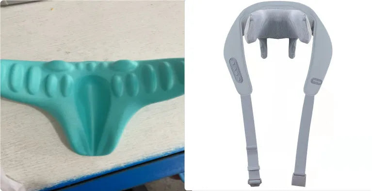 Grey elastic fabric covered neck and back massager with USB charging cable