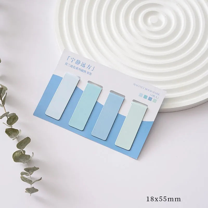 Set of four Morandi colour magnetic bookmarks showing miniature size and magnetic closure design