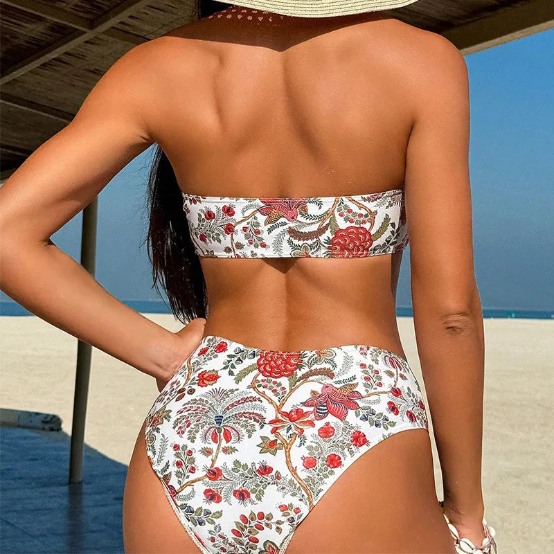 Women's printed bandeau swimsuit triangle bikini set with matching shorts in polyester fabric