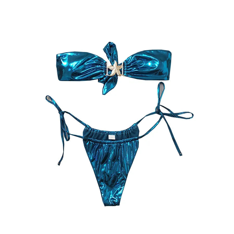 Women's glossy tube top bikini with gold starfish design in sapphire blue colour