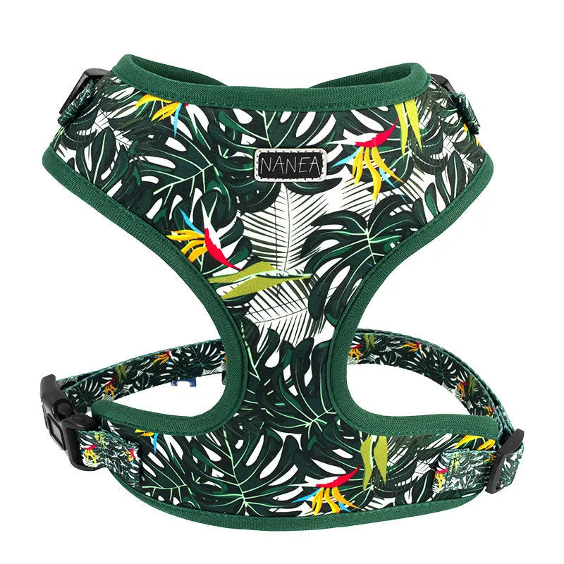 Six-piece adjustable pet harness set with haulage rope, collar, waste bag, bow tie, and triangular scarf accessories