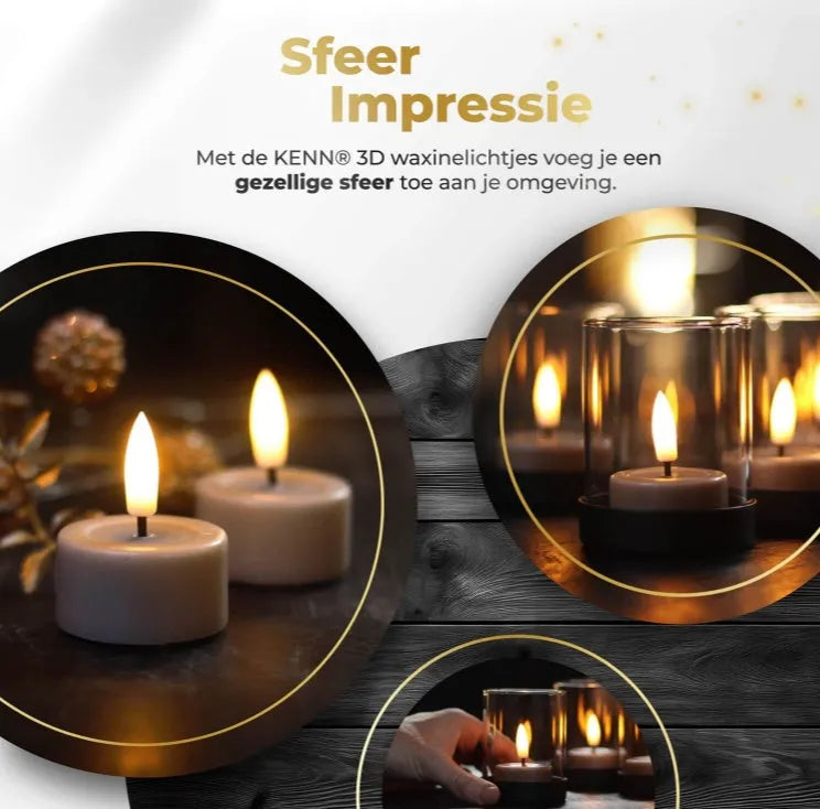 Taupe S10 3D flame LED tealight candles showing realistic flickering effect, pack of four