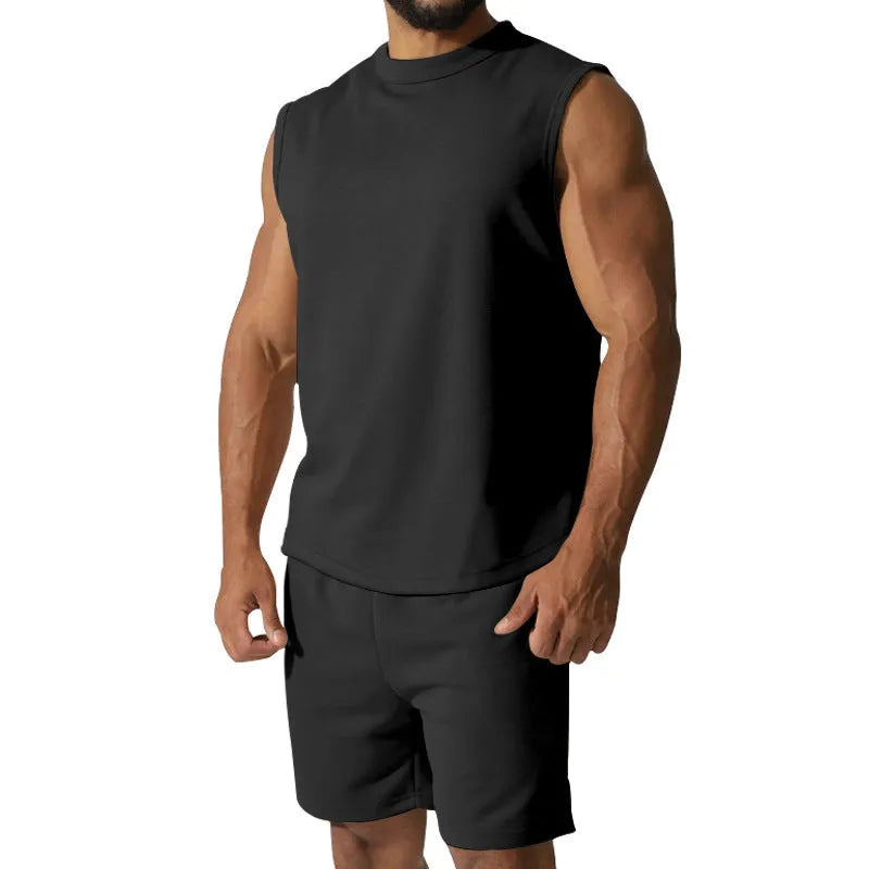 Men's sleeveless sports suit two-piece set in cotton blend fabric showing top and matching shorts