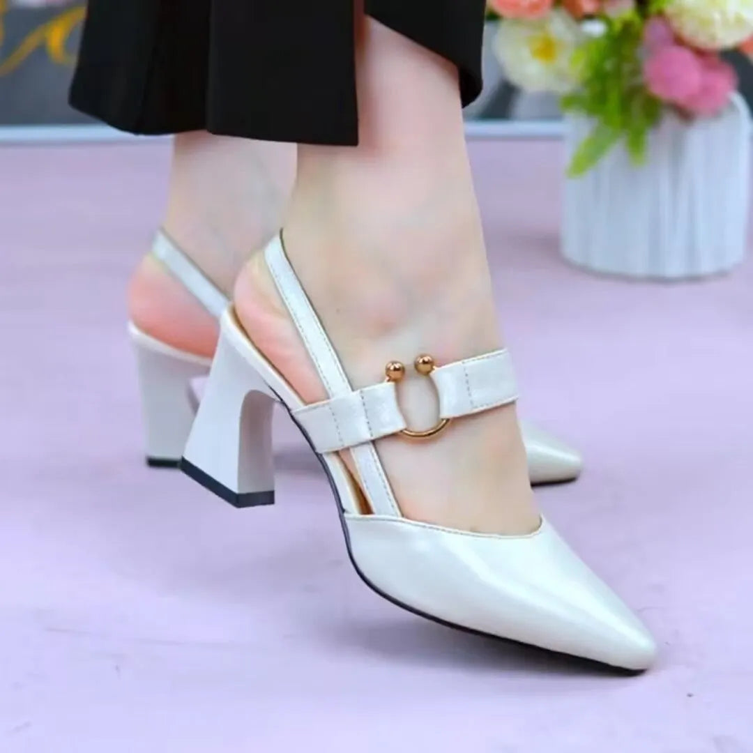 Women's apricot pigskin leather sandals with closed toe and chunky block heel on a white background.