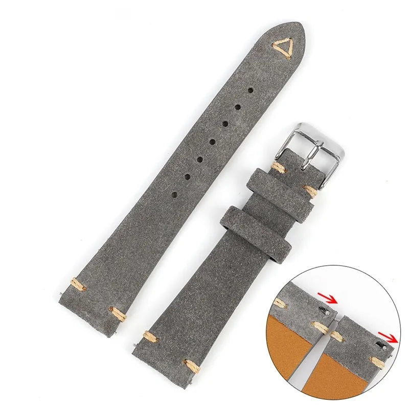Brown suede genuine leather watch strap with ethnic style design, shown in 20mm width