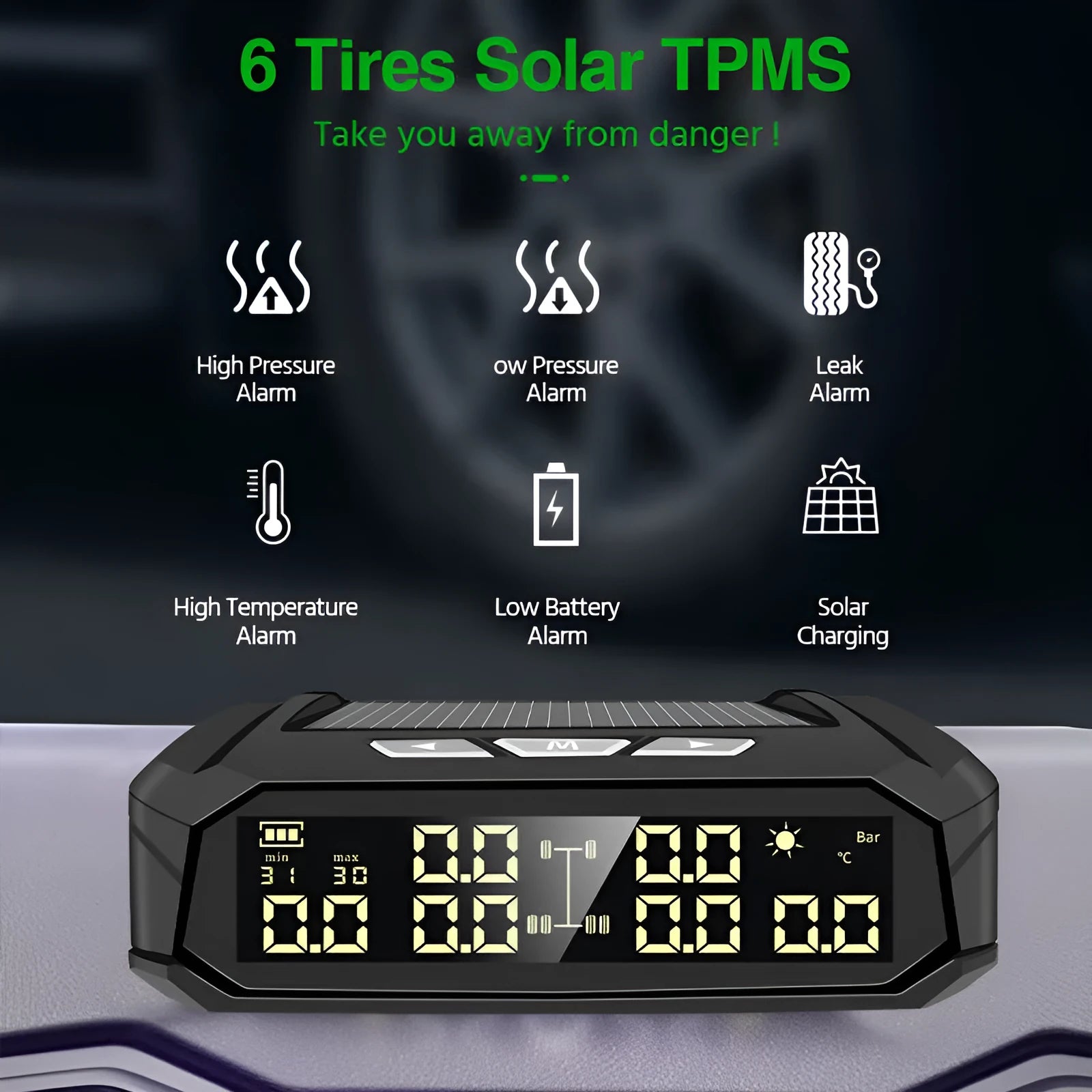 Solar external tire pressure monitor with colour LCD display for six-tire RVs and trucks