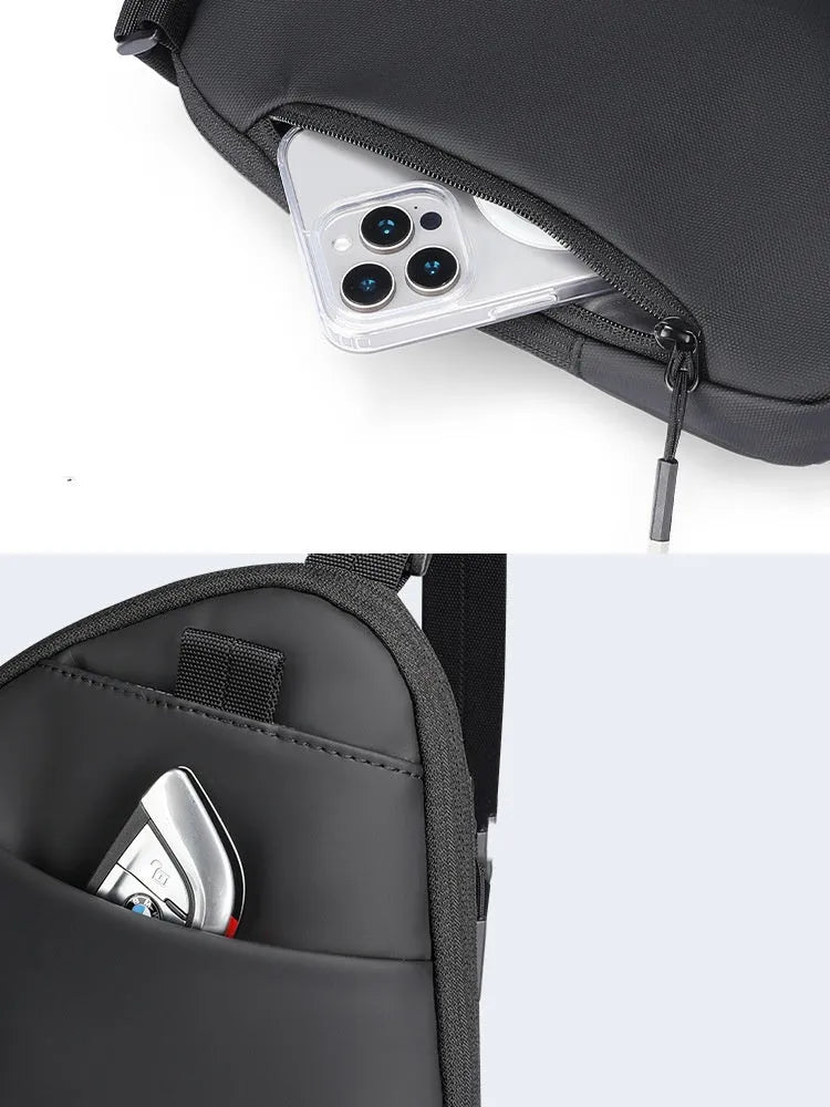 Men's black Oxford cloth crossbody bag with visible stitching detail