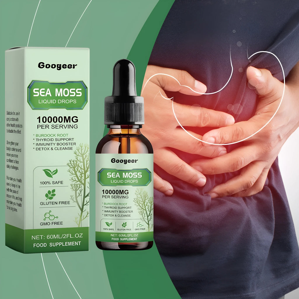 Googeer Sea Moss Liquid Drops 60ml body treatment serum bottle measuring 3.3 x 3.3 x 12cm.