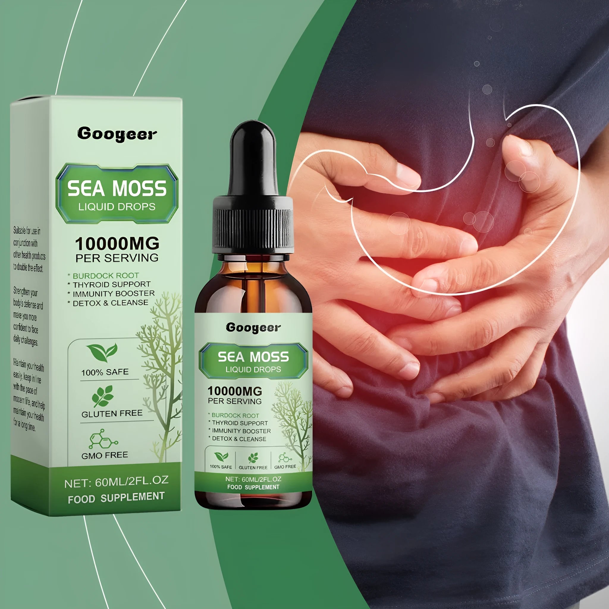 Googeer Sea Moss Liquid Drops 60ml body treatment serum bottle measuring 3.3 x 3.3 x 12cm.