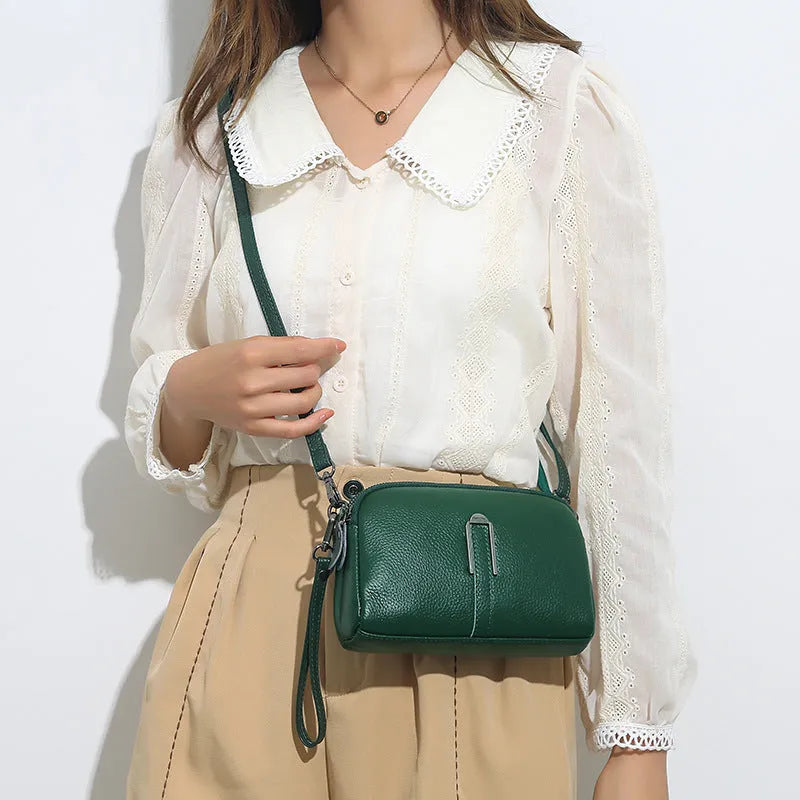 Genuine leather women's shoulder bag with horizontal square design in dark khaki colour
