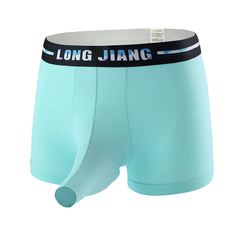 Men's solid colour ice silk boxer shorts in mid-waist trunk style