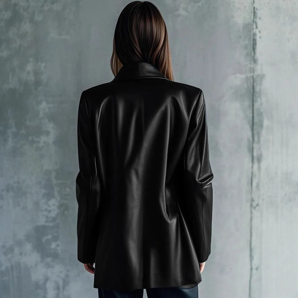 Black women's leather jacket with long sleeves and medium 65cm length