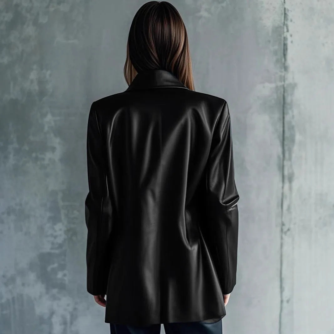 Black women's leather jacket with long sleeves and medium 65cm length