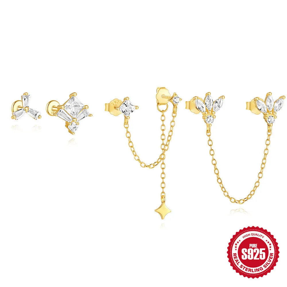 S925 sterling silver geometric chain stud earrings with zircon inlay in golden designs