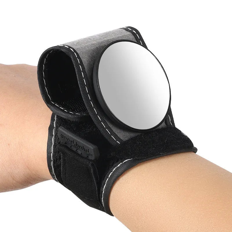 Black nylon wrist-mounted cycling rear-view mirror with adjustable strap