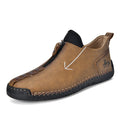 Men's brown leather-look zip-up martin boots with a round toe and rubber sole on a white background.