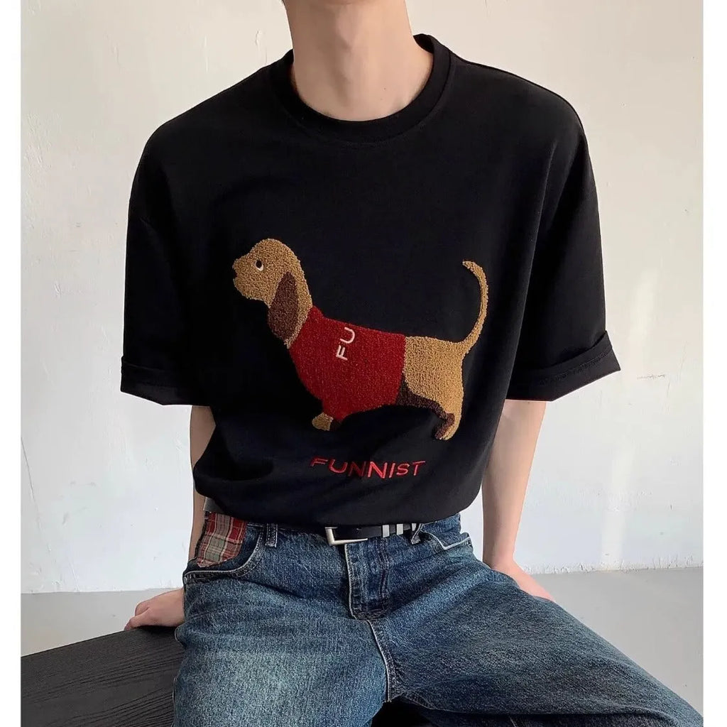 Men's grey cotton T-shirt with embroidered sausage dog design on the front.