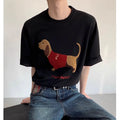Men's grey cotton T-shirt with embroidered sausage dog design on the front.