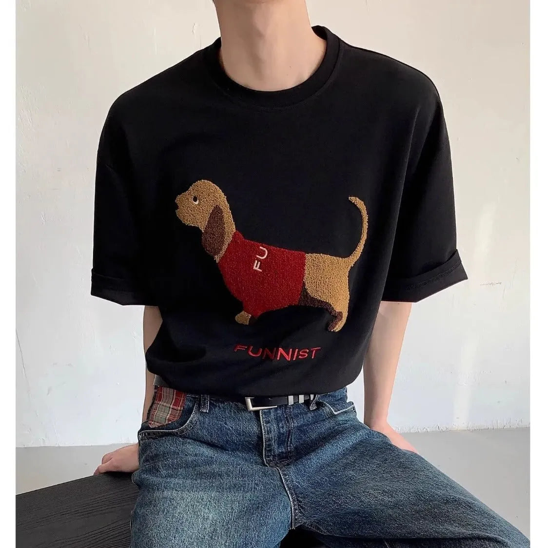 Men's grey cotton T-shirt with embroidered sausage dog design on the front.