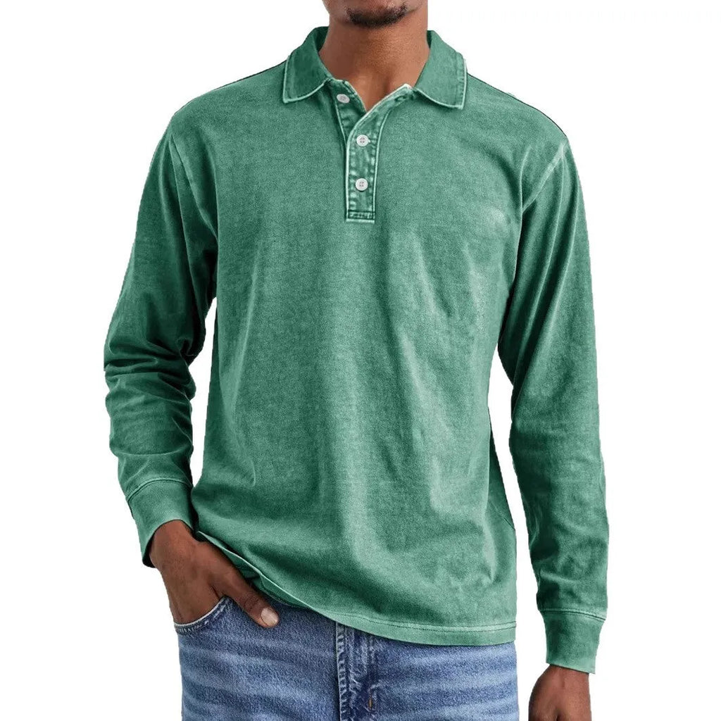 Retro washed distressed pure cotton lapel long sleeve polo shirt shown in Army Green.