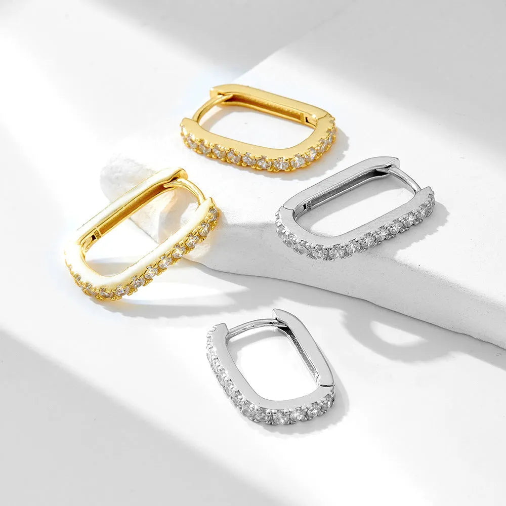 S925 sterling silver oval zircon clip earrings with geometric design