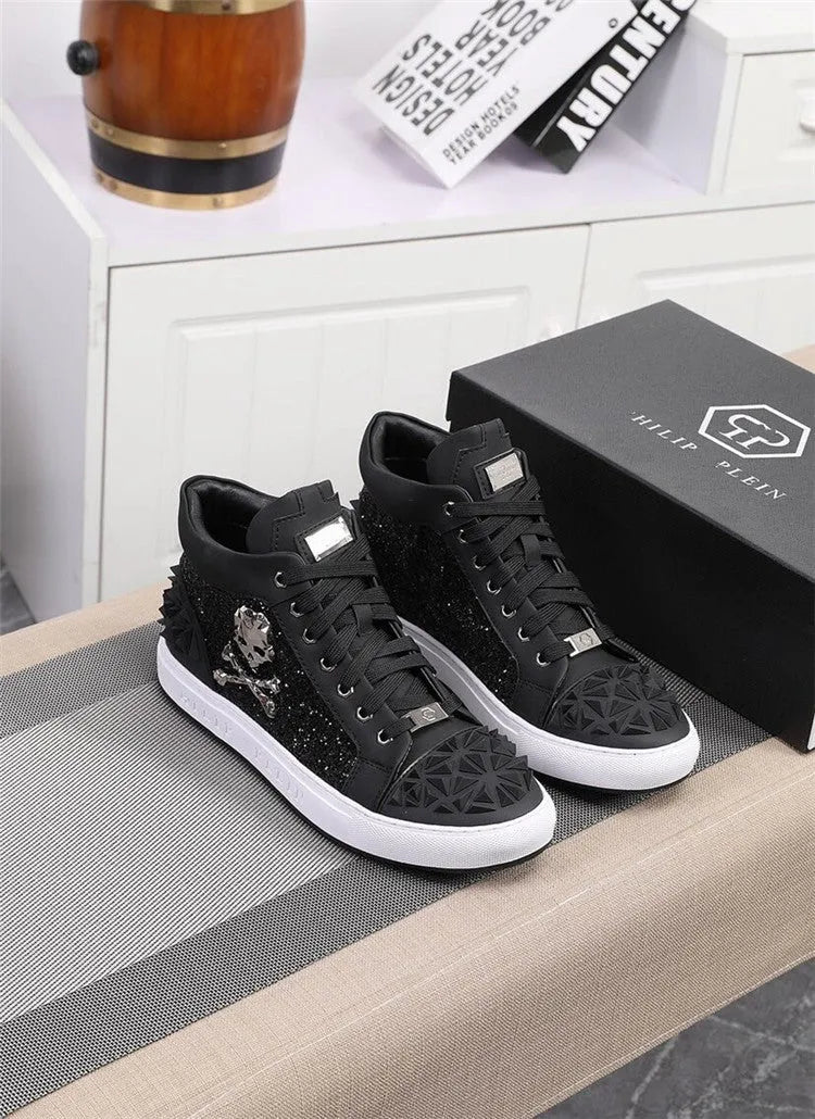 Men's black high top skeleton shoes made from genuine leather with sheepskin lining