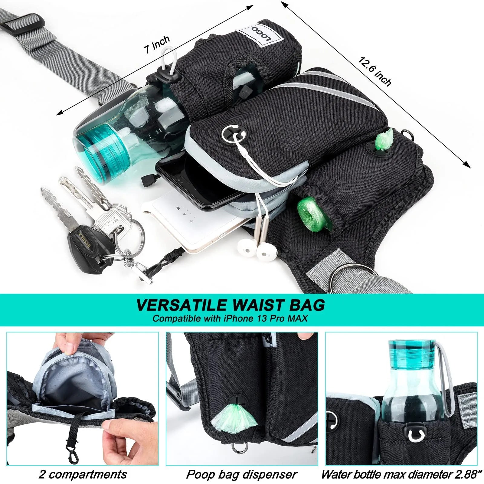 Black outdoor pet training waist bag set with telescopic leash and collar for dog walking